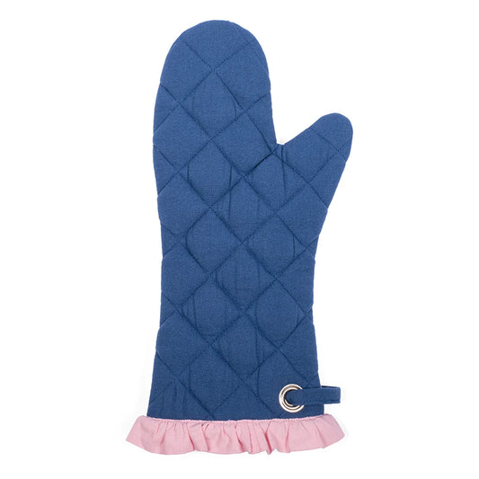 Close-up of the quilted texture and hanging loop on the Dolly Parton gingham oven mitt