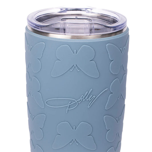 Close-up view of the vibrant blue finish and raised butterfly details on the tumbler body