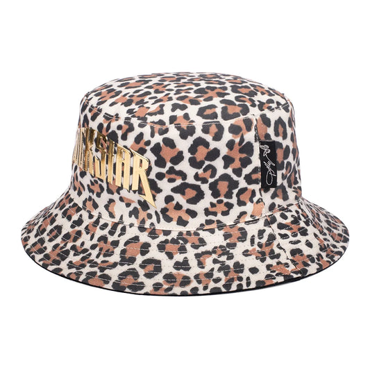 Close-up detail of the bold leopard print pattern on the cotton canvas bucket hat