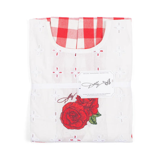 Close-up view of the apron waistband showing the detailed gingham pattern and eyelet lace accents