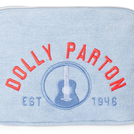 Close-up detail of the denim texture and the Est. 1946 graphic on the Dolly Parton crossbody bag