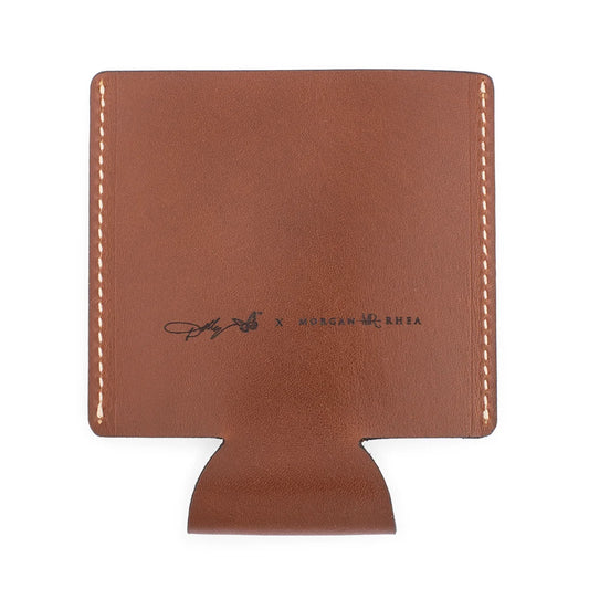 Side angle view of the brown Dolly Parton can cooler showing the collapsible insulating fabric