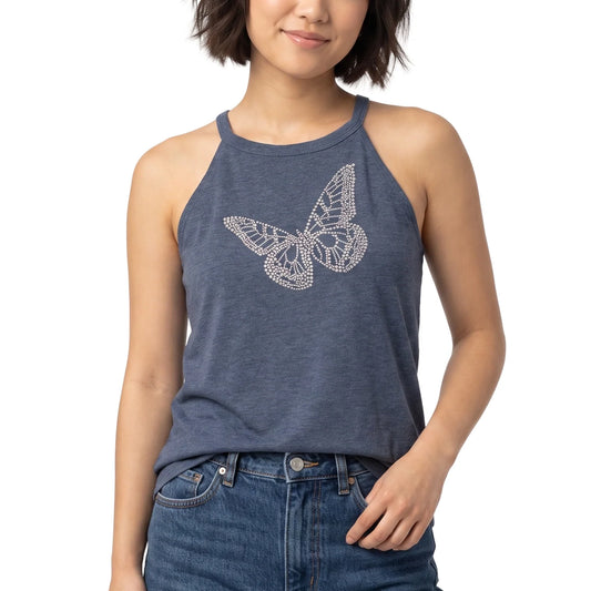 Close-up detail of the sparkling rhinestone butterfly design on the navy fabric