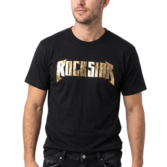 Close-up view of the front graphic on the black Dolly Parton Rockstar t-shirt