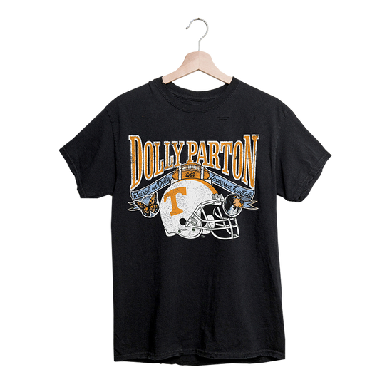 Official Dolly Parton Merchandise. 100% black cotton unisex t-shirt with Dolly Parton and the Tennessee Vols football helmet