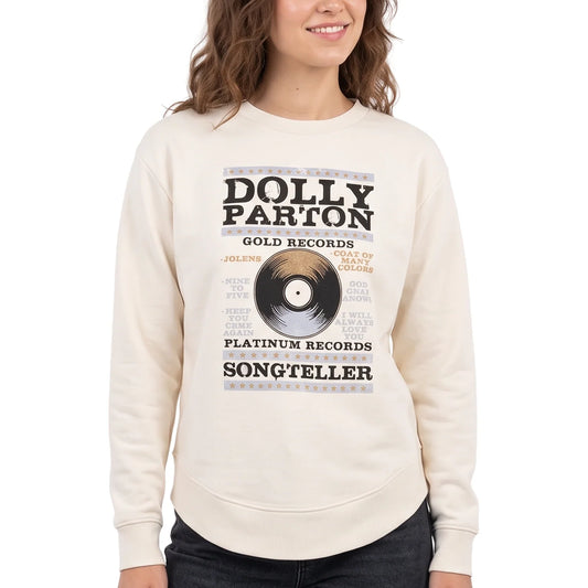 Close-up view of the front graphic and cream fabric texture on the Dolly Parton pullover
