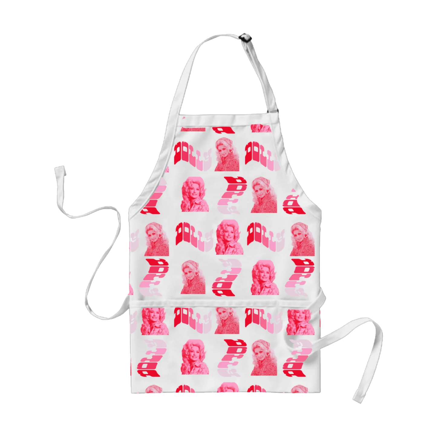 Official Dolly Parton Merchandise. White all over print kitchen apron with a pink photo illustration of young Dolly Parton and a wavy pink gradient Dolly logo repeated across the apron. Featuring a metal adjustable neck strap, tie up waist band and front pockets.