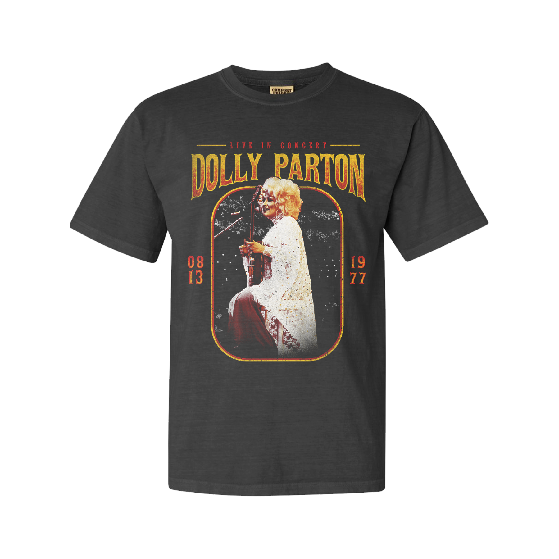 Official Dolly Parton Merchandise. Premium 100% grey cotton unisex t-shirt with a vintage 70's live photo of Dolly Parton playing guitar in white crocheted dress.