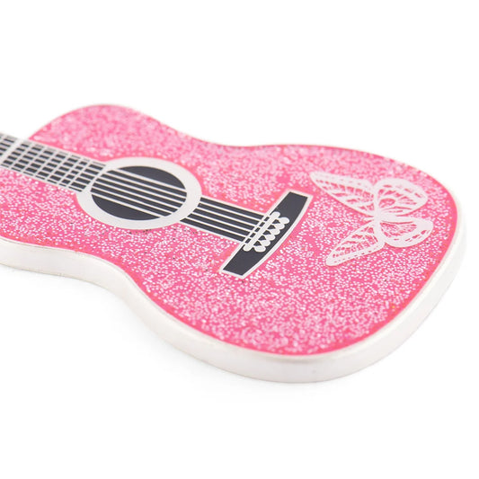 Close-up of the pink glitter and butterfly detail on the Dolly Parton guitar ornament