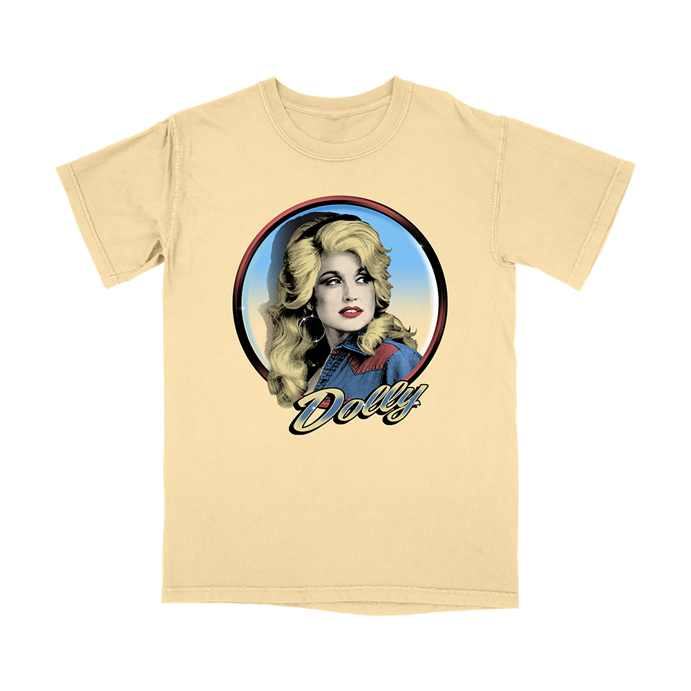 Official Dolly Parton Merchandise. 100% cotton, yellow unisex t-shirt with a relaxed fit featuring a blue, red and yellow classic photo of Dolly Parton with a script logo.