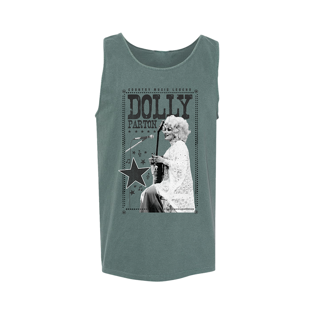 Official Dolly Parton Merchandise. Premium 100% cotton unisex tank top with a relaxed fit featuring a classic photo of Dolly Parton playing the guita
