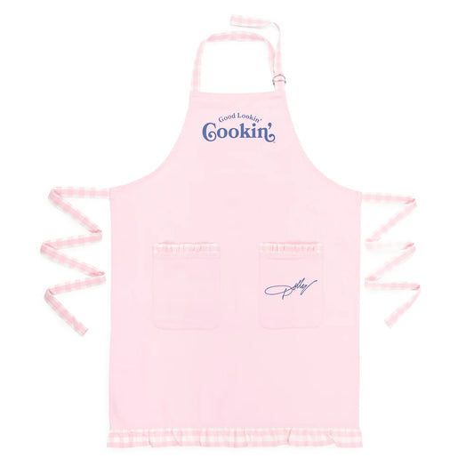 Pink apron featuring the words Good Lookin' Cookin' in white script across the center front