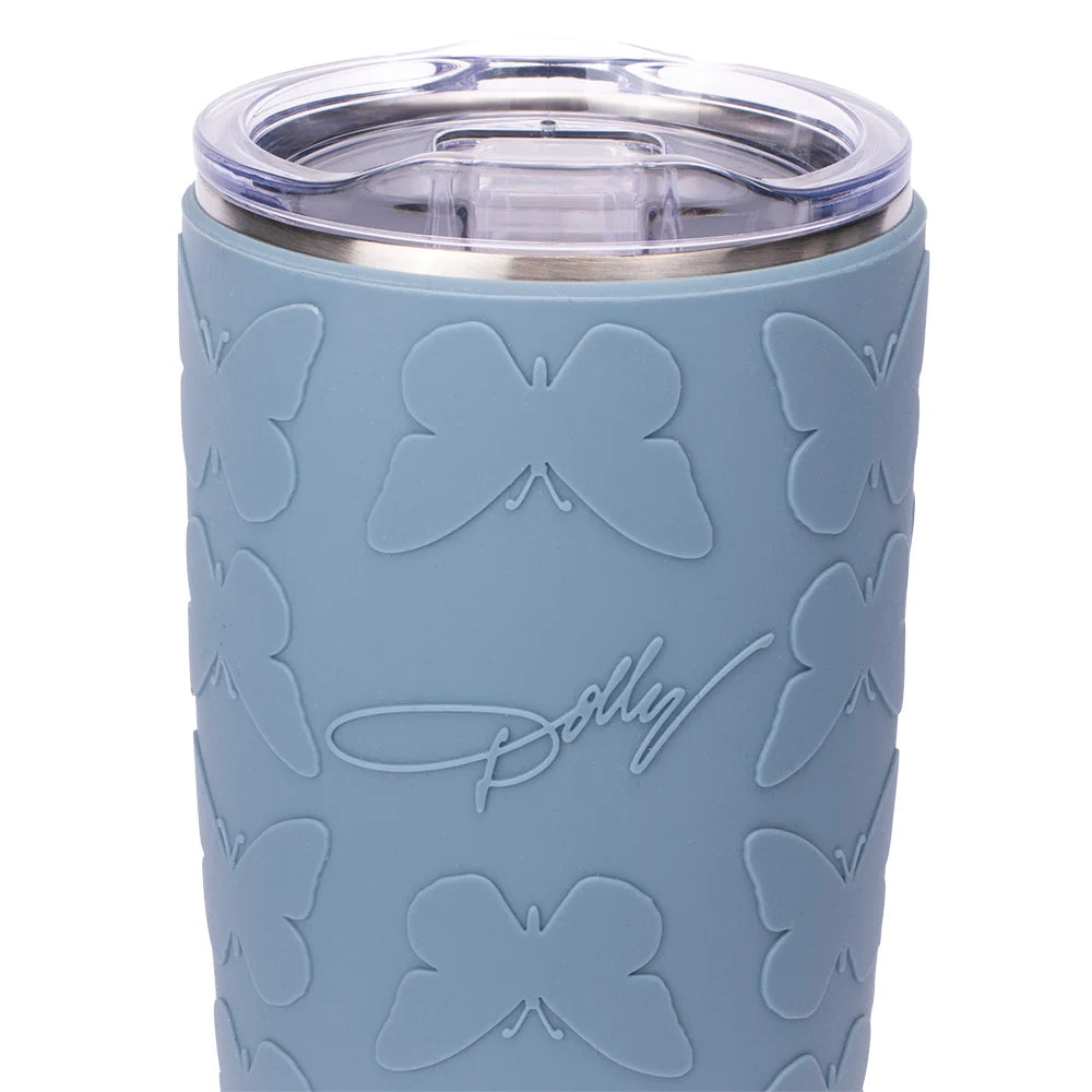 Close-up view of the vibrant blue finish and raised butterfly details on the tumbler body
