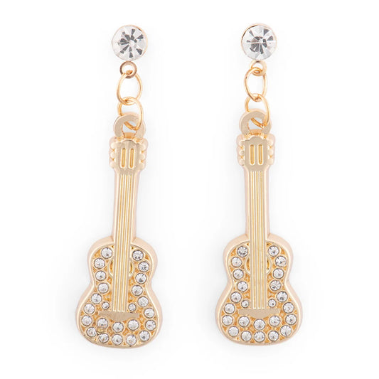 Close-up view of the Dolly Parton guitar earrings highlighting the intricate metalwork and brilliant rhinestone placement