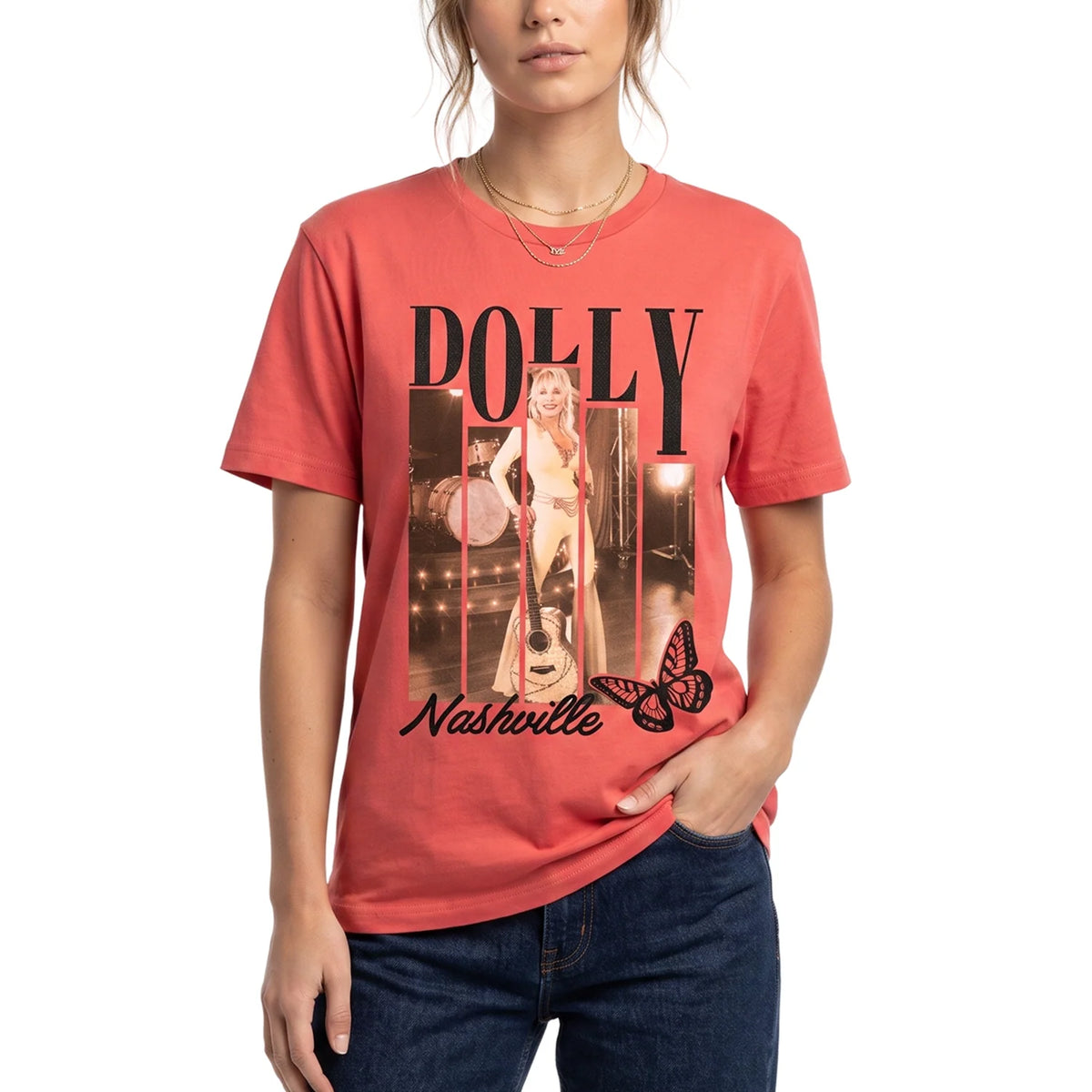 Indigo variant of the Dolly Parton poster t-shirt viewed from the front