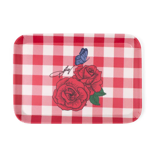 Dolly Parton Denim Country Plaid melamine trinket tray viewed from above, featuring a blue denim texture and red plaid border