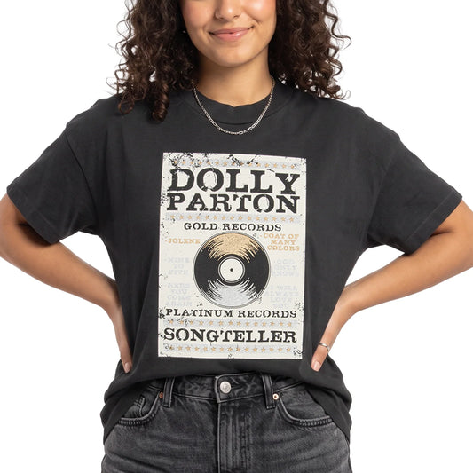 Close-up of the front chest graphic showing Dolly Parton and Platinum & Gold lettering on the black t-shirt
