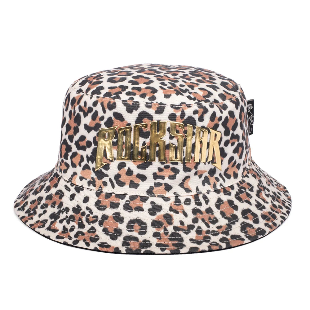 Front view of the Dolly Parton rockstar leopard print bucket hat with a classic brim
