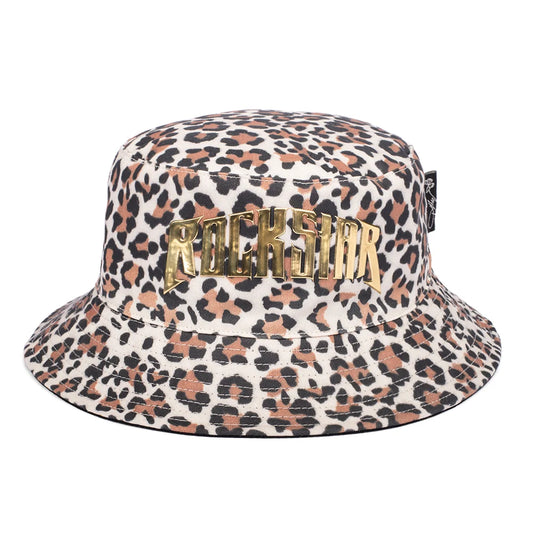 Front view of the Dolly Parton rockstar leopard print bucket hat with a classic brim