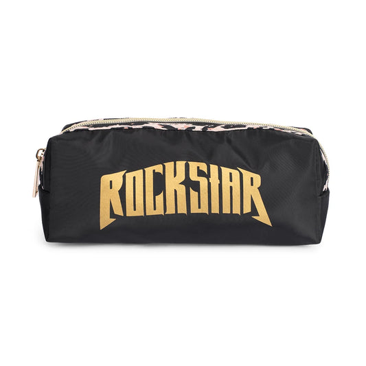 Front view of the Dolly Parton Rockstar cosmetic bag showing the signature graphic artwork and colorful design