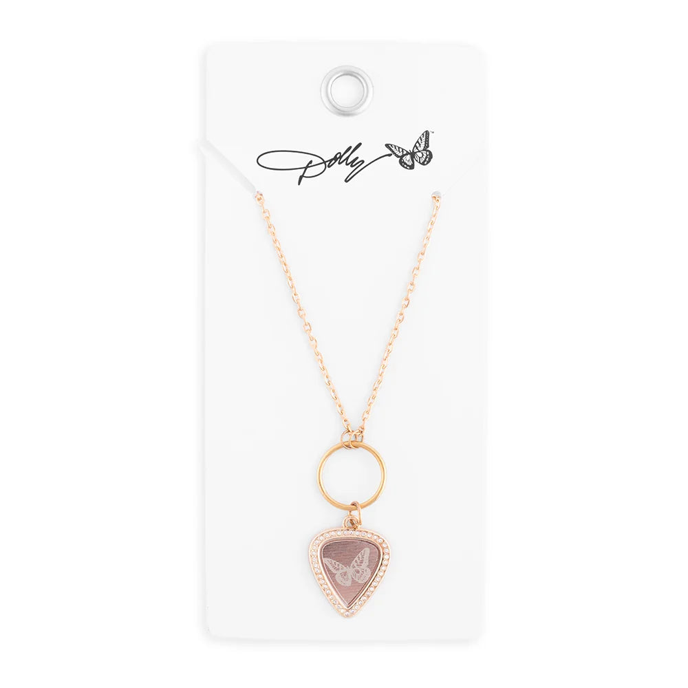 Model wearing the Dolly Parton butterfly guitar pick necklace against a neutral outfit