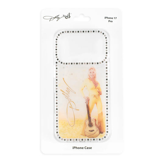 Close-up detail of the Guitar Bling design on the phone case showing the shimmering texture and official Dolly Parton branding