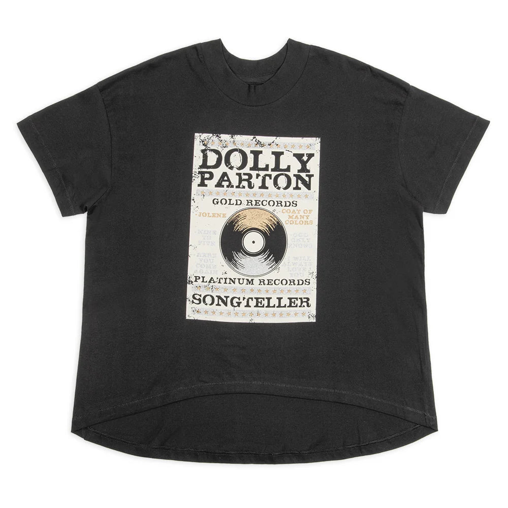 Black cotton t-shirt with a front graphic featuring Dolly Parton and Platinum & Gold artwork