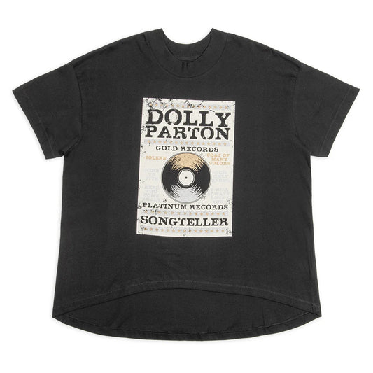 Black cotton t-shirt with a front graphic featuring Dolly Parton and Platinum & Gold artwork