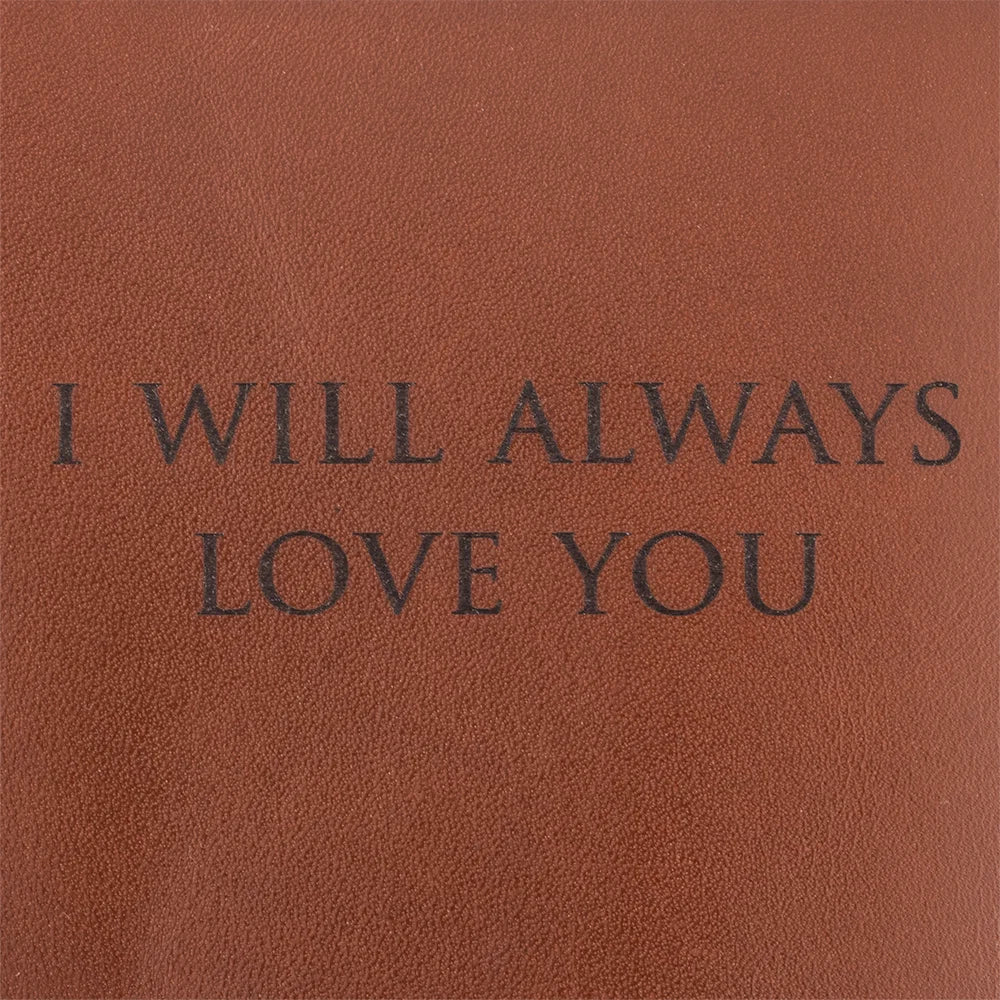 Close-up detail of the I Will Always Love You lettering and graphic printed on the brown can cooler