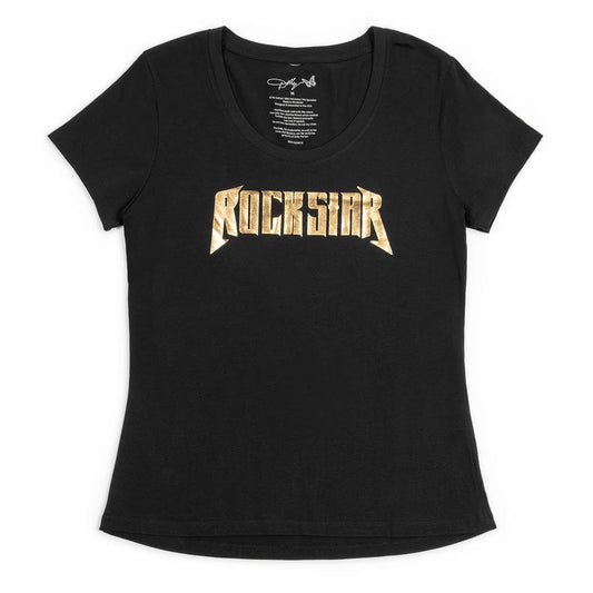 Front view of the black Dolly Parton Rockstar ladies V-neck t-shirt featuring the official graphic design on the chest