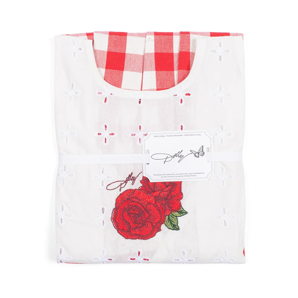 Close-up view of the apron waistband showing the detailed gingham pattern and eyelet lace accents