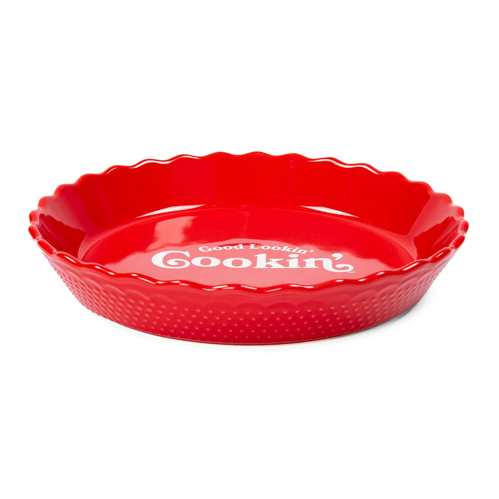 Top-down view of the round pie dish showing its fluted rim and centered Good Lookin Cookin graphic