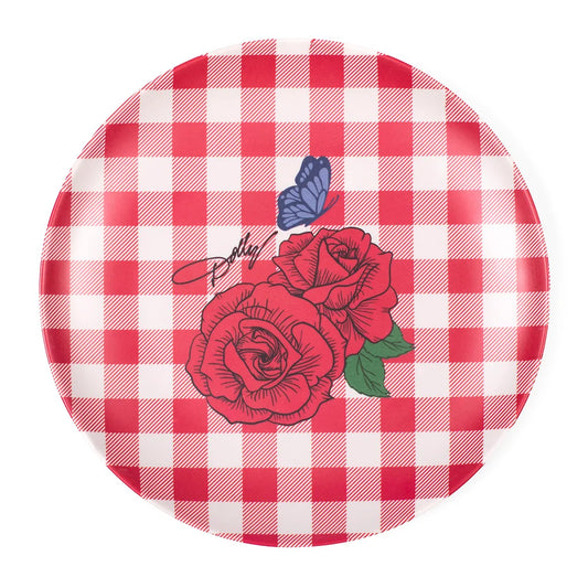 Top-down view of the Dolly Parton Denim Country Melamine Plate featuring a red and blue plaid pattern