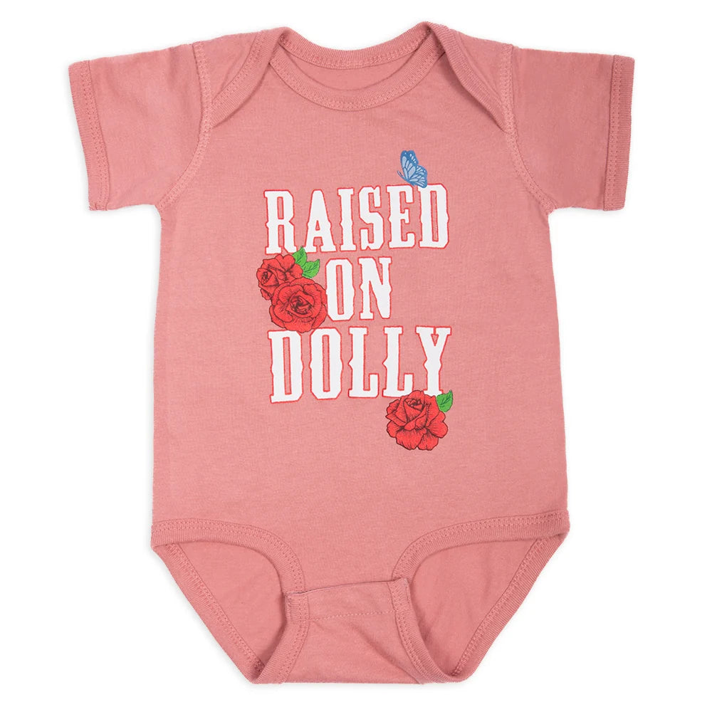 Mauve baby bodysuit featuring the Raised On Dolly graphic design on the front center