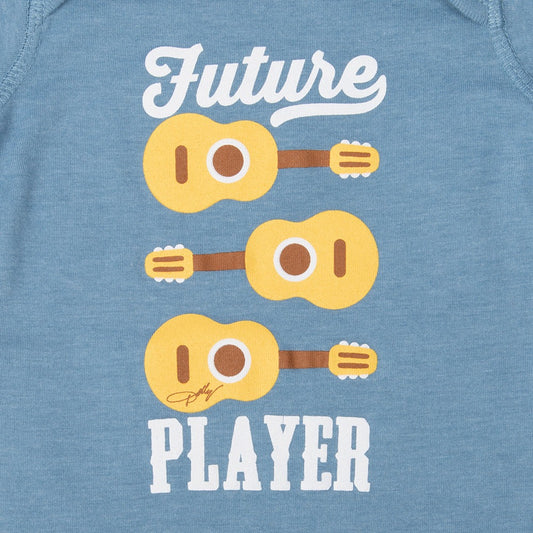 Close-up detail of the Future Player graphic printed on the vintage indigo baby bodysuit