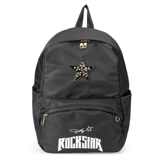 Front view of the black Dolly Parton Rockstar mid-size backpack featuring structured styling and front pocket storage.