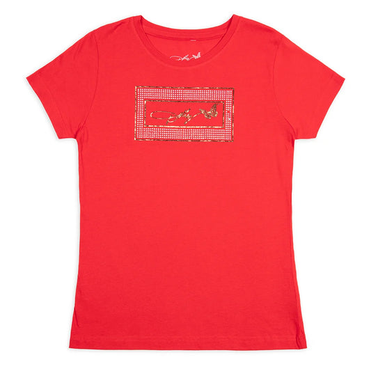 Close-up view of the lipstick logo graphic on the red t-shirt