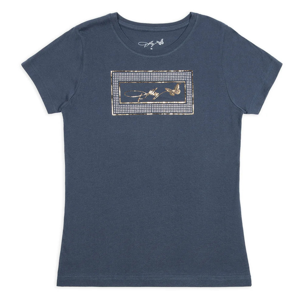 Red t-shirt featuring the Dolly Parton lipstick logo graphic centered on the chest