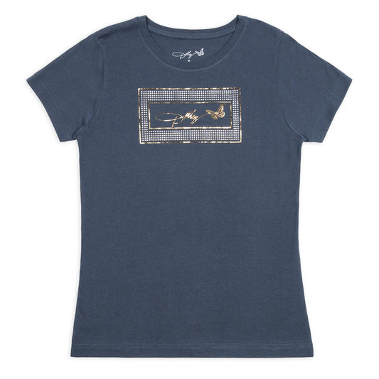Red t-shirt featuring the Dolly Parton lipstick logo graphic centered on the chest
