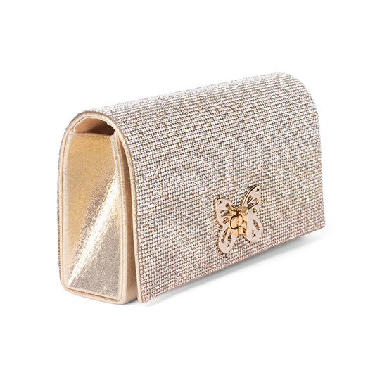Front view of the Dolly Parton gold clutch showing the polished clasp and rich texture