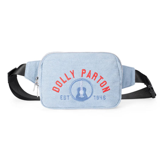Front view of the Dolly Parton blue denim crossbody bag featuring the Est. 1946 logo design printed on the front