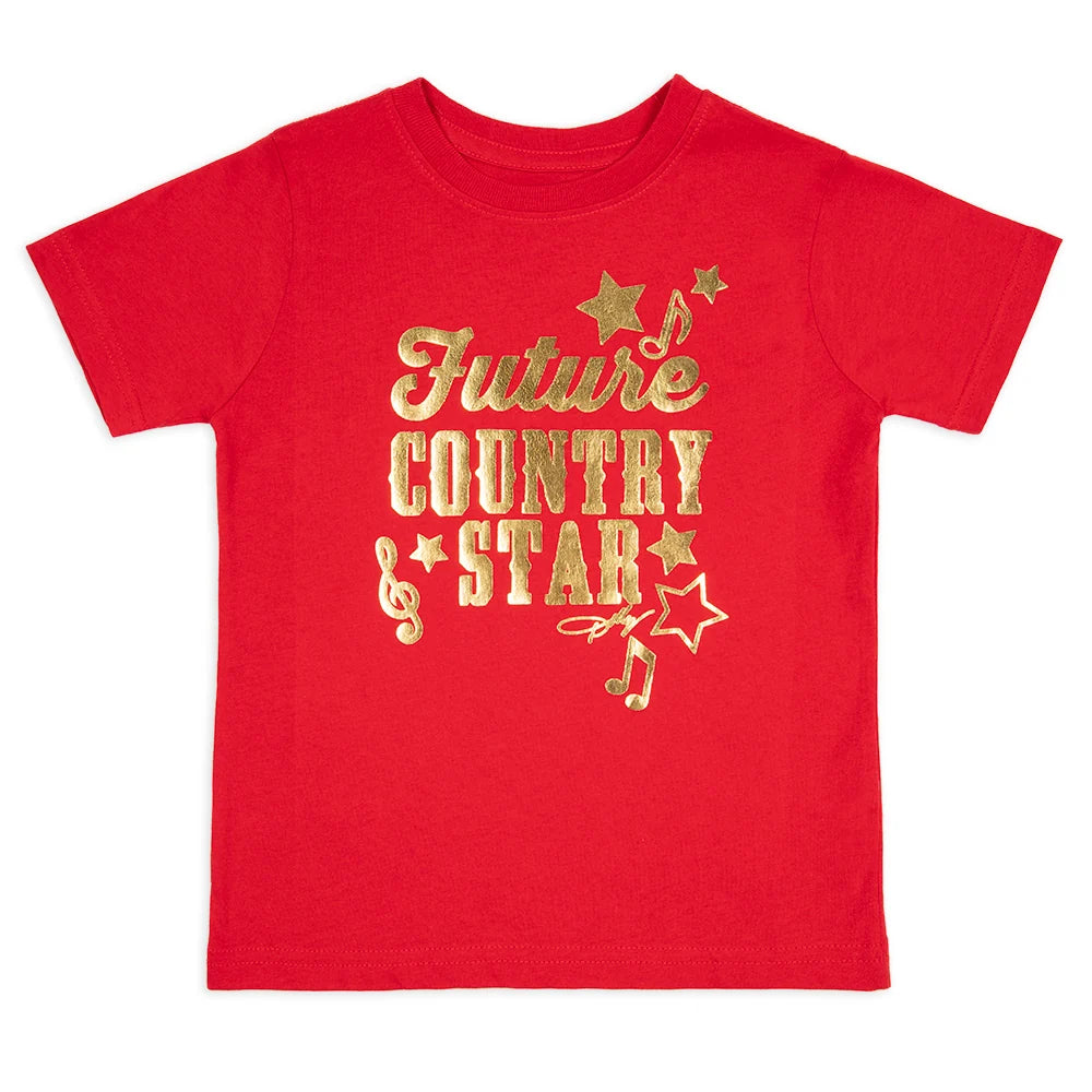 Front view of a bright red toddler t-shirt featuring the words Future Country Star in playful lettering across the chest
