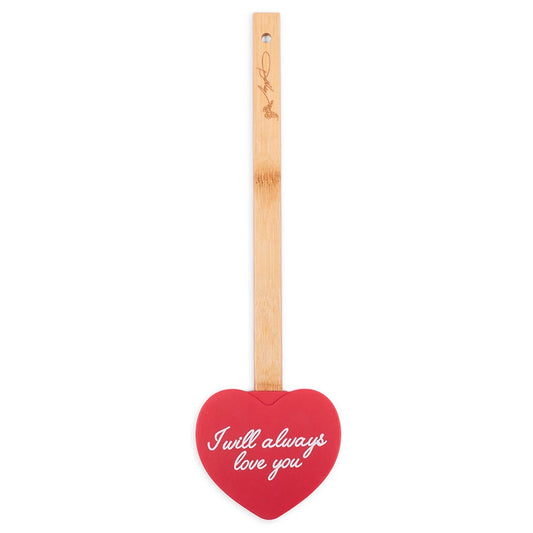Red silicone baking spatula featuring a white heart graphic and the words I Will Always Love You in Dolly Parton's signature handwriting style