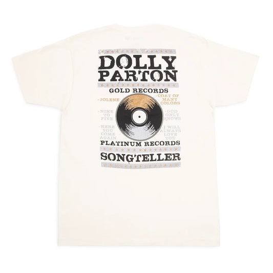 Cream crew-neck t-shirt featuring a vintage-style Dolly Parton Platinum and Gold graphic centered on the chest