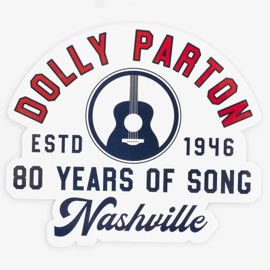 Close-up view of the Dolly Parton commemorative sticker showing vibrant colors and details