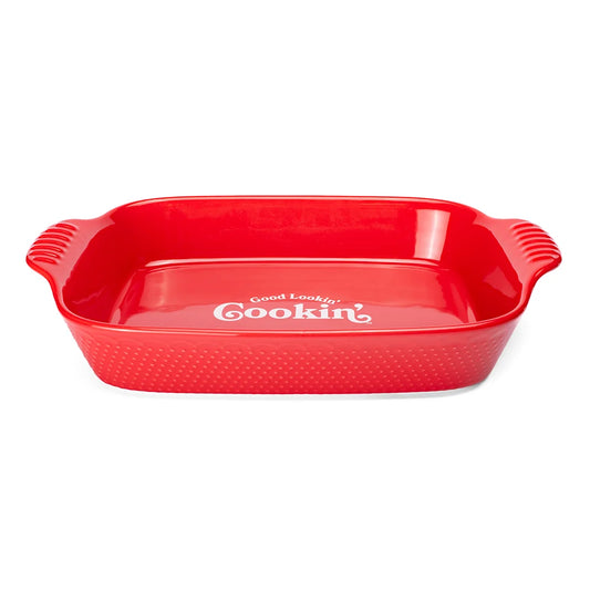 Dolly Parton Good Lookin' Cookin' casserole dish viewed from the front, showcasing the featured text and design