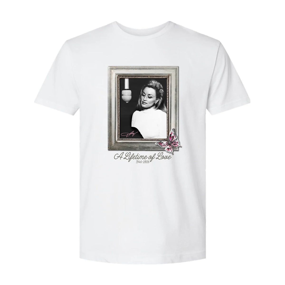 Front view of the white Dolly Parton Legacy Retro t-shirt featuring vintage-style graphic artwork across the chest