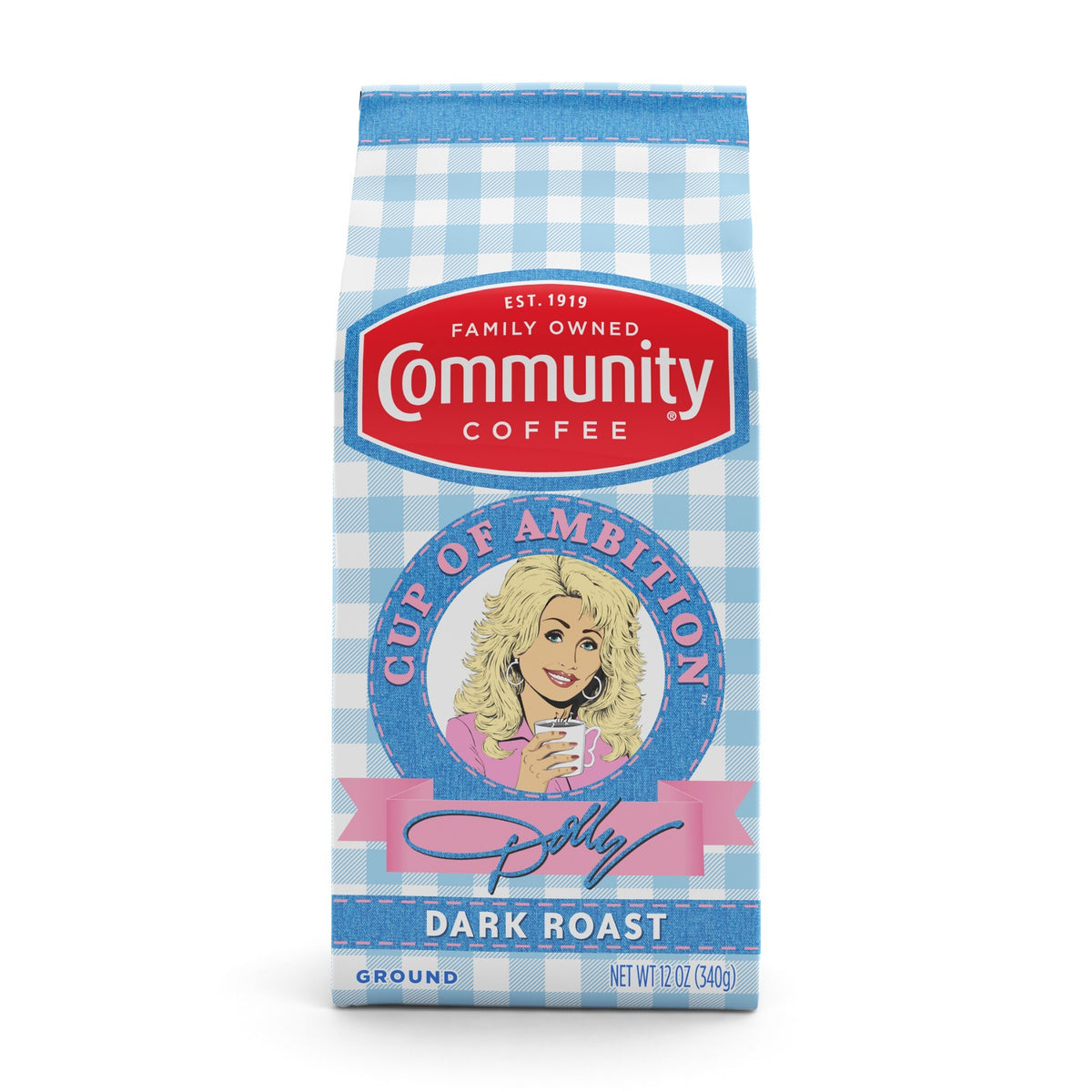 Dolly Parton’s Cup of Ambition™ with Community Coffee® Dark Roast Ground 12 oz Gable Top
