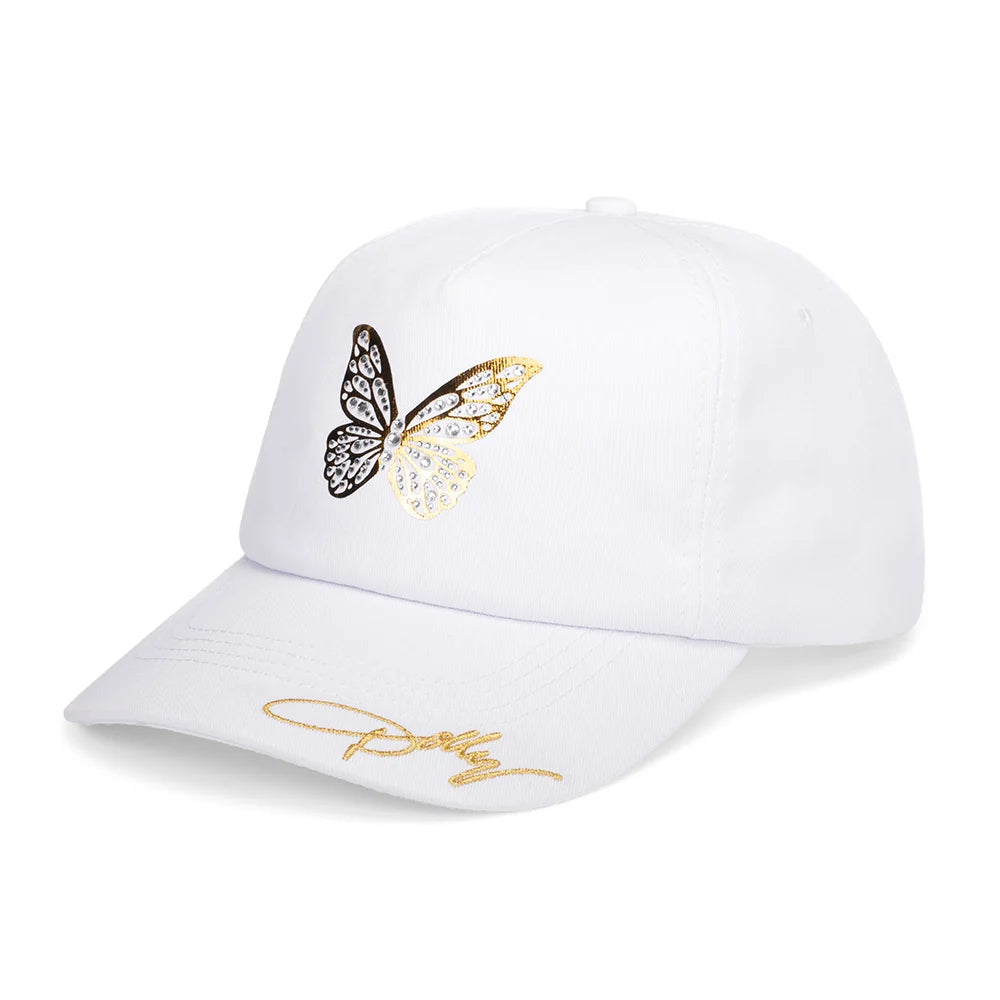 Side profile view of the white Dolly Parton hat showing the curved brim and structured paneling