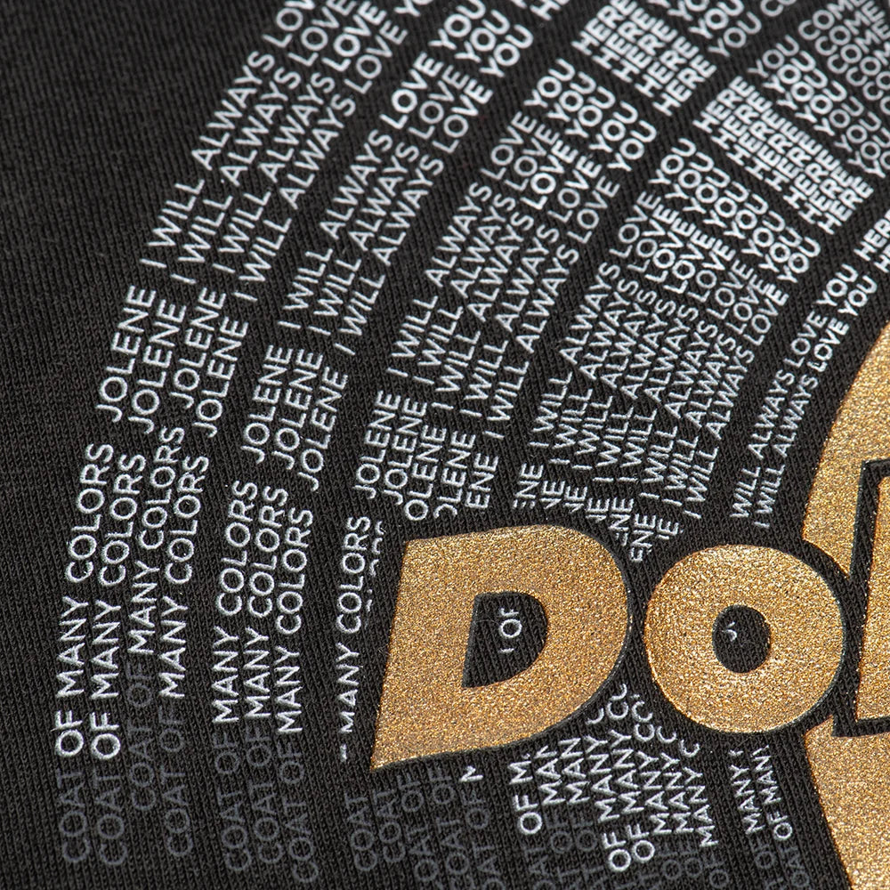 Close-up of the platinum and gold record graphic print on the center chest of the black t-shirt